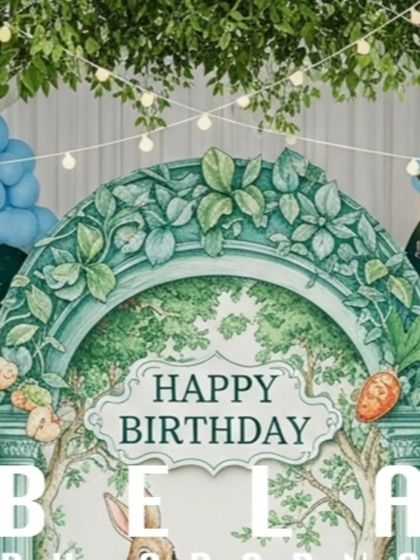 A close-up of the ornate archway detail on the main backdrop. The intricate leaf carvings and "Happy Birthday" sign are central to the stage's design, framing the celebration's main events.