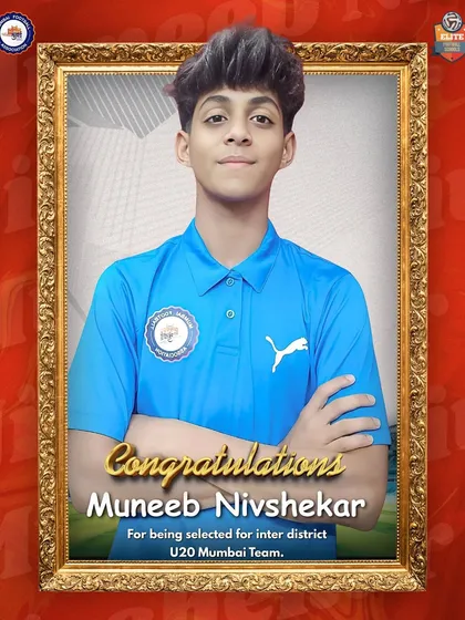 A proud moment for our academy. Congratulations to Muneeb Nivshekar on his selection for the U20 Mumbai Inter-District Team. The journey to greatness has just begun.