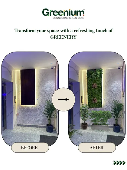 A simple yet effective transformation of an elevator lobby. I used a combination of a small vertical garden and potted plants to turn a sterile waiting area into a welcoming green space.