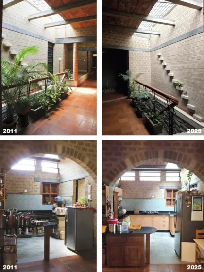 A comparison of the kitchen and corridor from 2011 to 2025. It shows how a well-designed space can gracefully accommodate changes over time, with the core architectural elements remaining timeless while appliances and usage evolve.