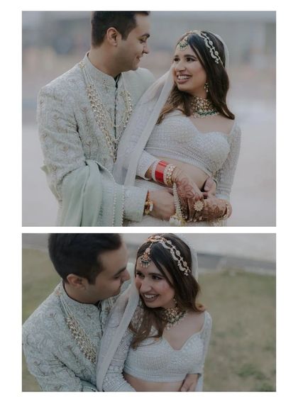 A collage of a couple sharing a sweet, candid moment. Their smiles and the way they look at each other speak volumes about their connection.