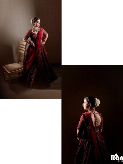 A diptych of the bride's portraits against a dark background, showcasing her elegant poses and the rich color of her lehenga.