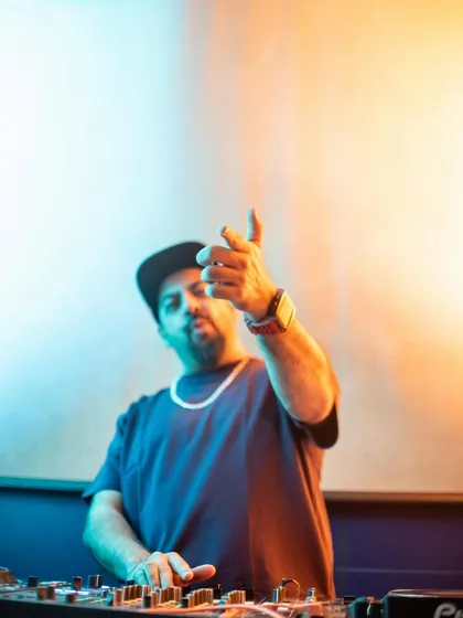 A shot of me pointing, connecting with someone in the crowd.
