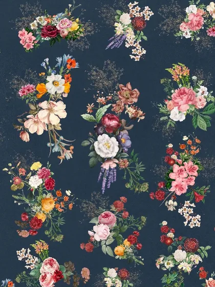 The floral pattern on a deep navy blue background, creating a rich and sophisticated look.