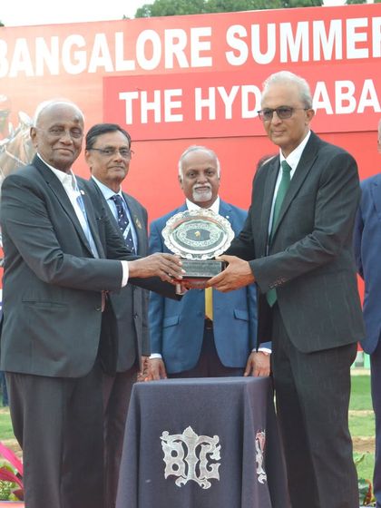 Mr. R. Surender Reddy, Chairperson of the Hyderabad Race Club, presenting The Hyderabad Salver. We foster strong inter-club relationships, bringing together racing leaders from across the country.