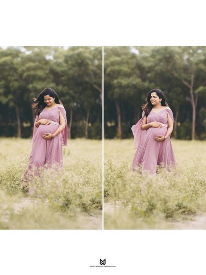 Two portraits of the expectant mother in a field. One captures a contemplative look down at her belly, while the other shows her radiant smile.