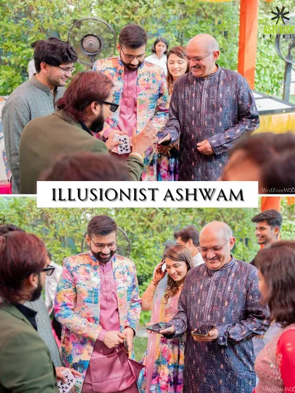 An illusionist performing close-up magic for guests, leaving them amazed and entertained.
