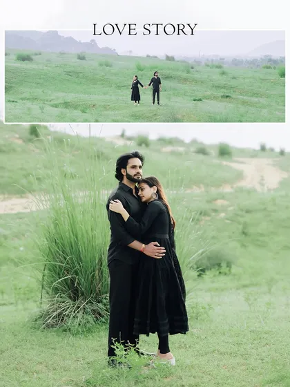 A "Love Story" themed image, with a wide shot of the couple in a vast green landscape and a more intimate portrait below.