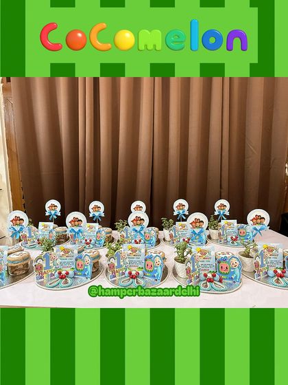 A full display of our Cocomelon themed hampers, ready for a fun-filled birthday party.