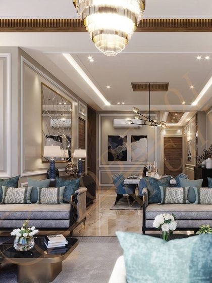 This view shows how the living and dining areas are connected, with a consistent color palette of grays and blues creating a harmonious flow.