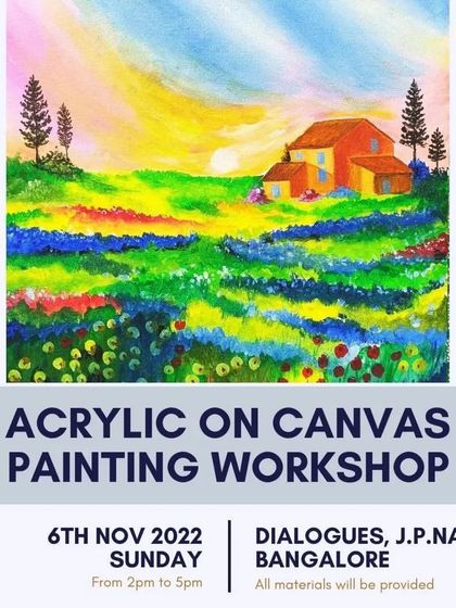 An inviting poster for our acrylic on canvas painting workshop, showcasing a vibrant landscape. These sessions are perfect for anyone looking to explore their artistic side.