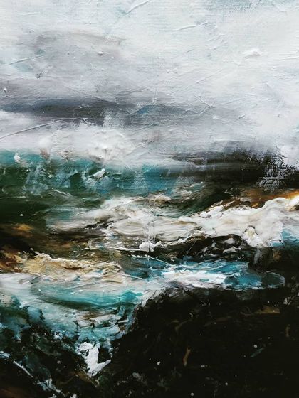 A small, powerful seascape study on panel, using both acrylic and oil. It captures the raw energy of the ocean with thick, impasto textures.