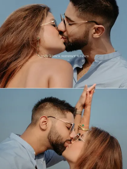 A collage of two intimate kisses during a beach photoshoot. These close-up shots are perfect for capturing the romance and emotion of your pre-wedding celebration.