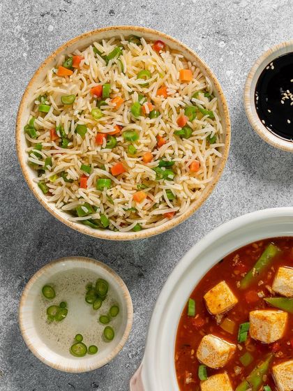 Mapo Tofu with vegetable fried rice, shot for Novotel, with a clean and bright styling.