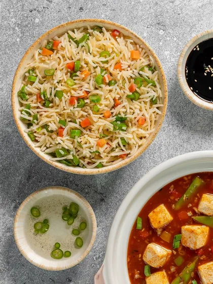 Mapo Tofu with vegetable fried rice, shot for Novotel, with a clean and bright styling.