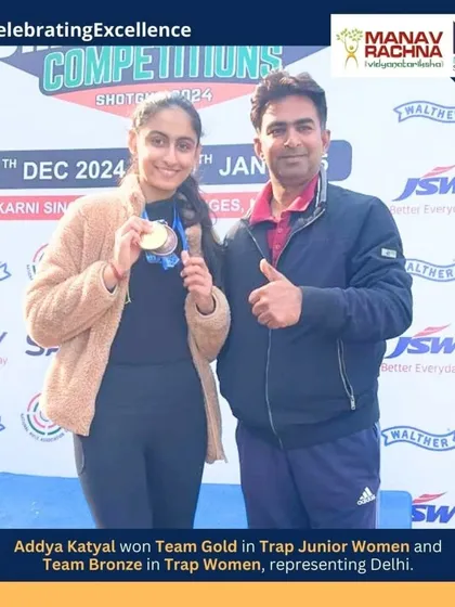 Our shooter Addya Katyal with her coach after winning Team Gold and Team Bronze medals at the 67th National Shooting Championships, representing Delhi.
