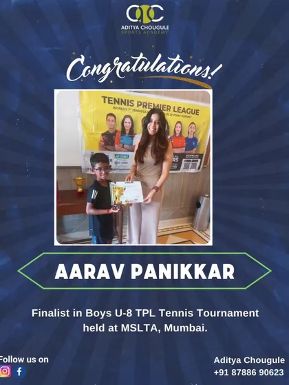 Congratulations to Aarav Panikkar, a finalist in the Boys U-8 TPL Tennis Tournament held at MSLTA, Mumbai. His hard work continues to yield great results.