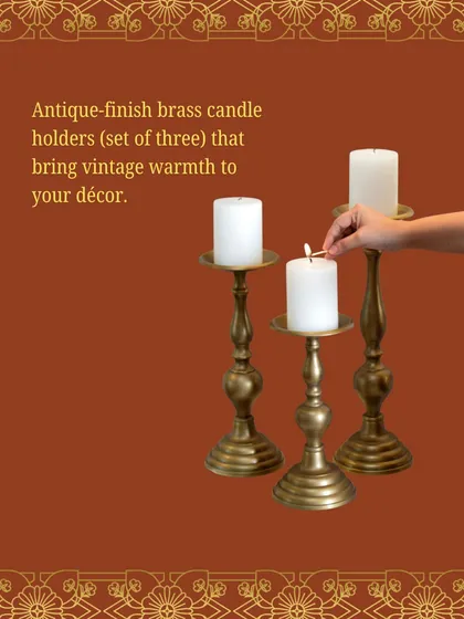 This set of three antique-finish brass candle holders brings a vintage warmth to your decor. Their classic design makes them a versatile addition to any festive or wedding setup.
