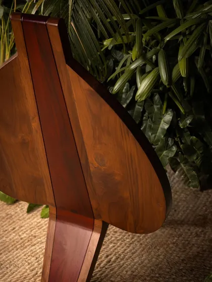 Various angles of the Vismayam chair, showcasing its intricate details, the contrast of different wood grains, and its powerful, sculptural presence. Each view offers a new perspective on this piece of collectible, art-inspired furniture.