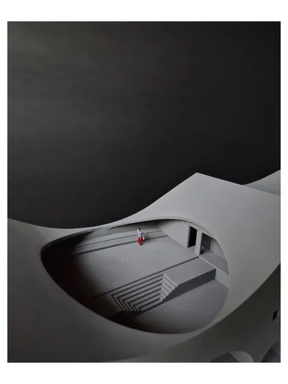 A physical model of 'The Arcades Project', a community center designed for a gated neighborhood. This model was a critical tool in our design process, allowing us to study the interplay of form, light, and volume, particularly how the arched openings and oculus would shape the internal experience.