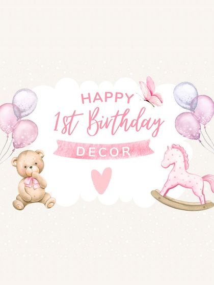 Our inspiration graphic for a classic first birthday. Featuring soft pinks, a teddy bear, and a rocking horse, this design captures the sweet and gentle nature of a baby girl's first milestone.