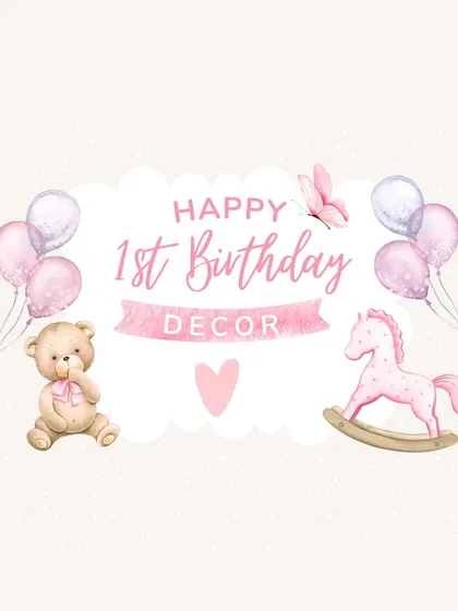 Our inspiration graphic for a classic first birthday. Featuring soft pinks, a teddy bear, and a rocking horse, this design captures the sweet and gentle nature of a baby girl's first milestone.