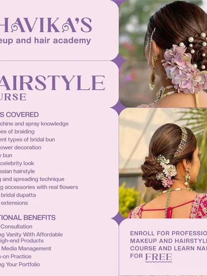 A flyer detailing the comprehensive hairstyle course curriculum, covering everything from braiding and bridal buns to fixing extensions.