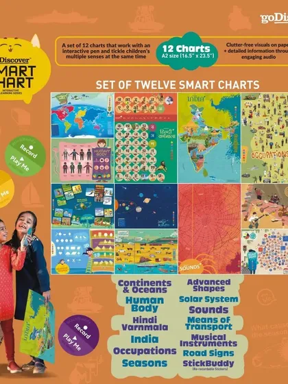 The goDiscover Smart Chart is a screen-free, interactive learning tool. Using the smart pen, kids can touch the charts to hear facts and sounds about topics like the solar system, animals, and the human body.