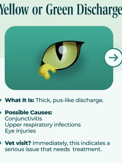 Yellow or green discharge is a serious warning sign that indicates an eye infection like conjunctivitis or an injury. This requires immediate veterinary attention, which I can provide with an urgent house call to start treatment right away.
