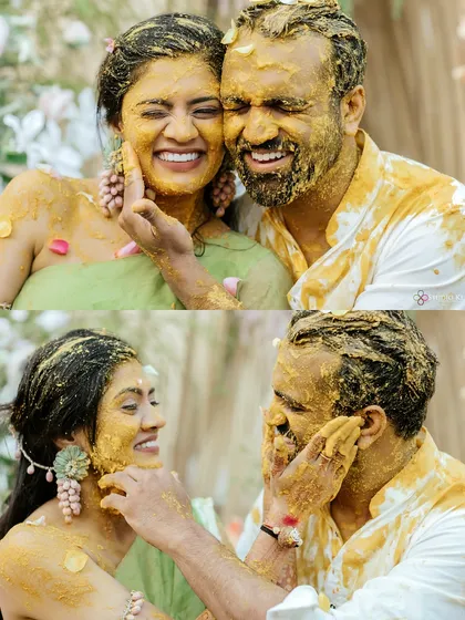 A collage of candid moments from a fun-filled Haldi ceremony in Vietnam, with the couple playfully applying turmeric to each other.