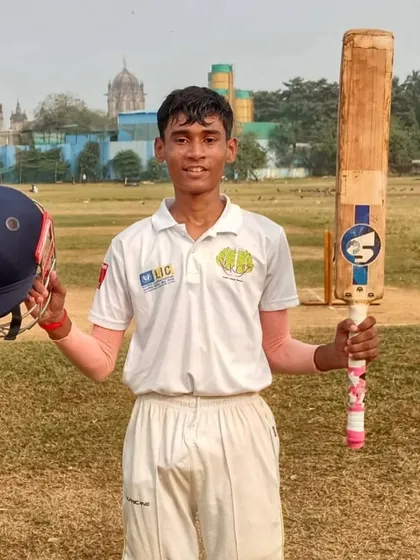 Aniket Satpute celebrating his superb unbeaten 108 runs in the Harries Shield tournament, helping his school chase down a target of 238.