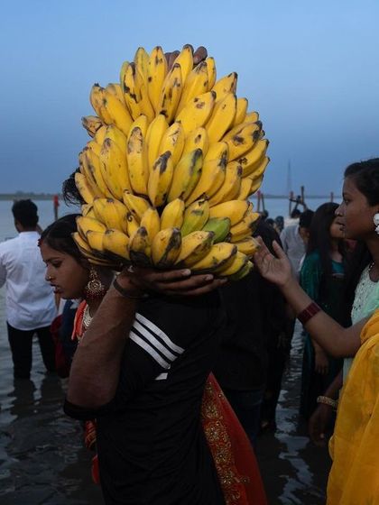 A man carries a large bunch of bananas on his head as an offering during Chhath, a common sight that speaks to the scale of devotion.