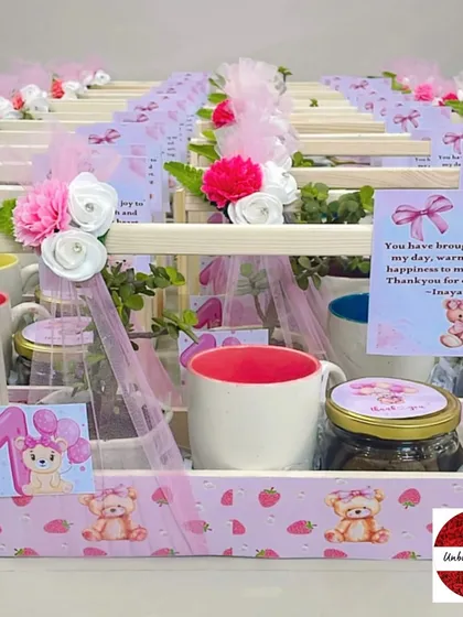 A single pink teddy bear return gift basket, showcasing the number "1" tag and the personalized thank you note.