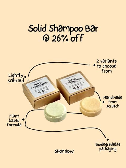 A graphic highlighting our Solid Shampoo Bars. They are lightly scented, handmade from scratch with a plant-based formula, and come in biodegradable packaging.