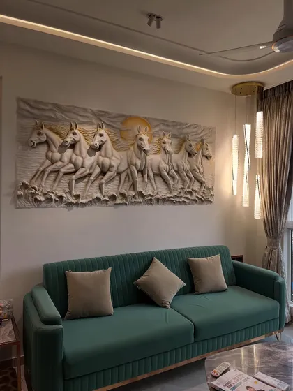 A wider view of the living room, showing how a large-scale 3D mural can anchor the entire space and complement the interior design.