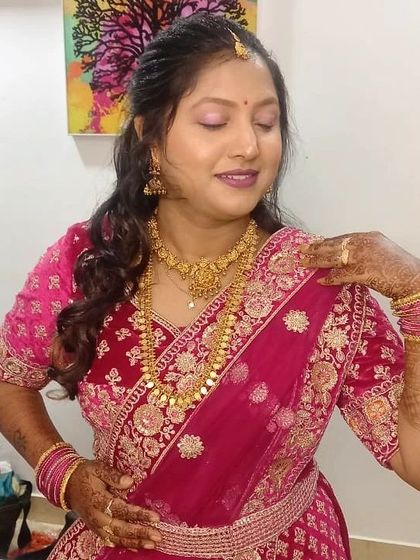 A close-up showing the soft, blended eyeshadow and glowing skin for Shwetha's party look.