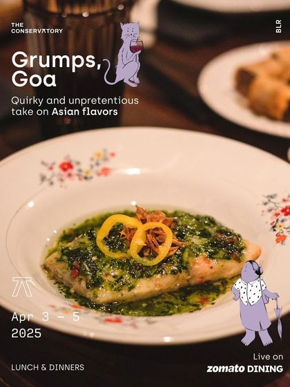 The poster for the Grumps, Goa pop-up, showcasing their quirky and unpretentious take on Asian flavors with a plate of steamed fish.