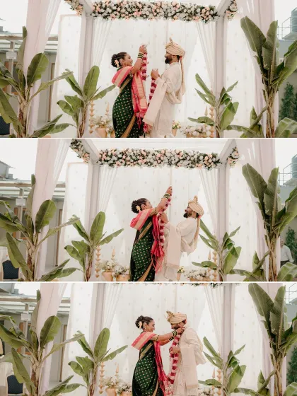 A playful collage of the 'Varmala' exchange, where the couple lifts each other up. It’s a fun tradition that always results in great, candid photos.