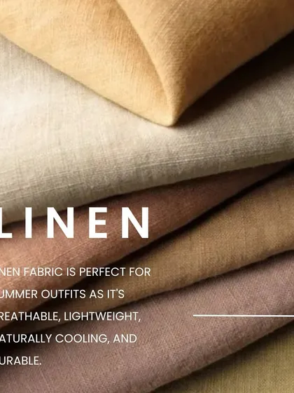 An informational graphic detailing the benefits of linen fabric. It is a durable and comfortable choice for bespoke shirts, trousers, and blazers in warmer climates.