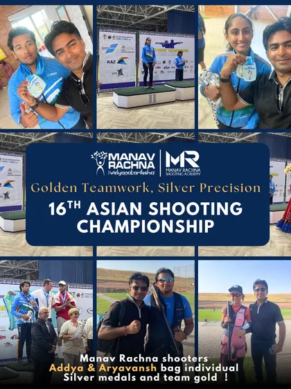 A collage celebrating the double success of our junior trap shooters, Aryavansh Tyagi and Addya Katyal, who both won individual silver and team gold medals at the 16th Asian Shooting Championship.
