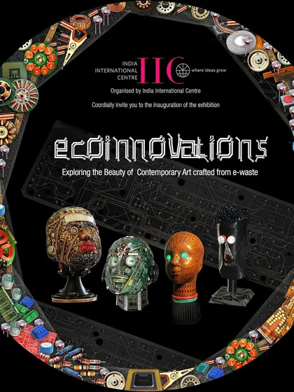 The invitation poster for the "ECOINNOVATIONS" exhibition, showcasing four distinct e-waste busts.