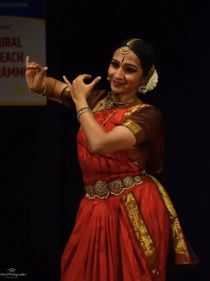 Portraying the playful and charming nature of Shri Krishna. This photo captures a moment of lighthearted abhinaya from a performance in Pune.