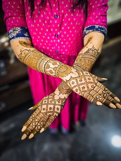 The back of the hands, featuring a beautiful grid pattern and peacock motifs.