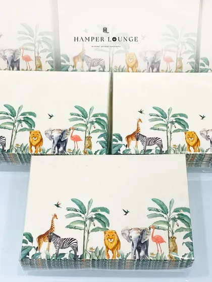 This image shows the beautiful safari-themed boxes I designed for a child's birthday party. The watercolor-style jungle animals create a playful yet sophisticated look for return gifts.