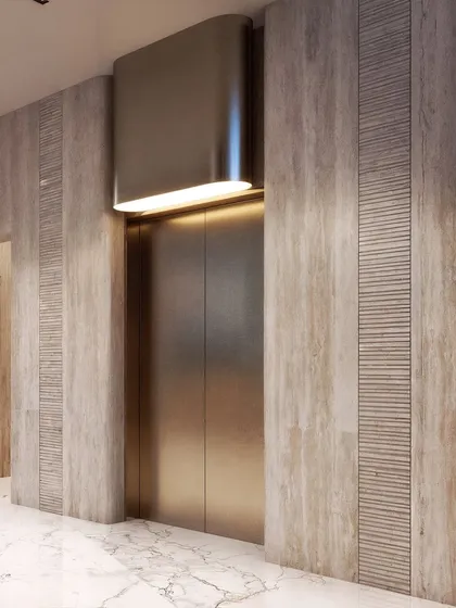 A visualization of the elevator, seamlessly integrated into a wall of textured stone and wood panels.