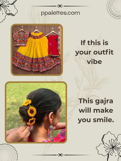 Pair your vibrant yellow Navratri lehenga with our handmade sunflower crochet gajra for a perfectly coordinated and festive look.