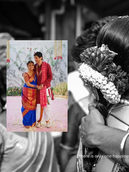 An artistic collage blending a black and white emotional moment with a color portrait of the couple.