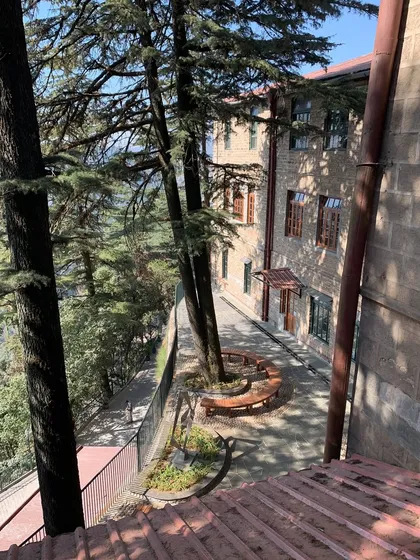 An elevated view of the completed placemaking project, showing how the new social space is nestled into the landscape and the existing school architecture.