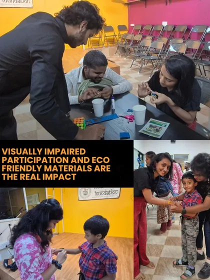 Our eco-friendly Rakhi making workshop was all about impact. This collage shows our volunteers working alongside visually impaired participants, crafting with sustainable materials and celebrating together. This is inclusion in its purest form.