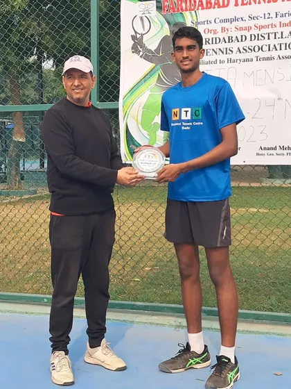 Another finalist trophy for Mukil Ramanan, showcasing his consistent performance at the 1 Lac Men's Tournament in Faridabad.